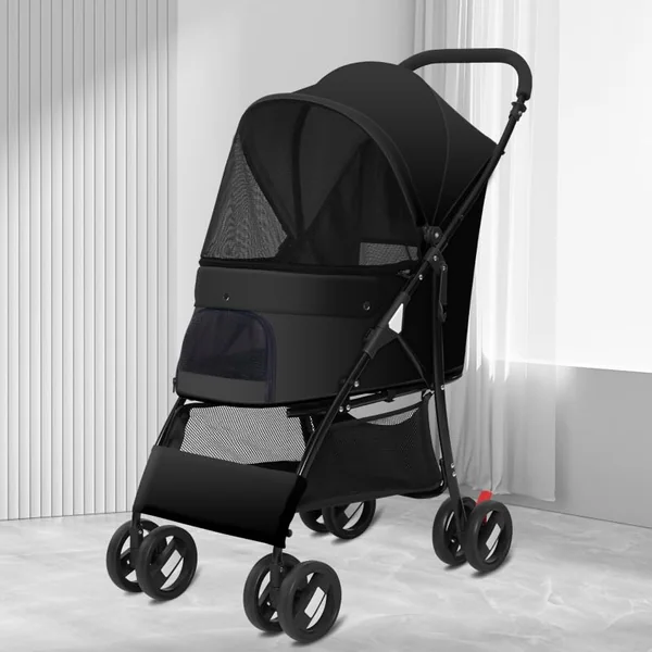 Sunny Sonny Pet Stroller for S/M Dogs & Cats up to 15kg, Kid Stroller,Foldable Portable Travel Carrier with Swivel Wheels, Rain Cover, Large Storage Basket, Zipper Entry & Safety Design (Black)