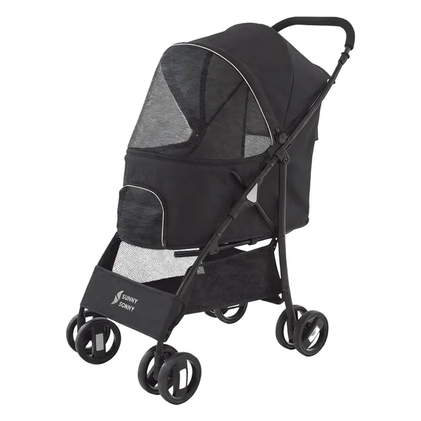 Sunny Sonny Pet Stroller for S/M Dogs & Cats up to 15kg, Kid Stroller,Foldable Portable Travel Carrier with Swivel Wheels, Rain Cover, Large Storage Basket, Zipper Entry & Safety Design (Black)