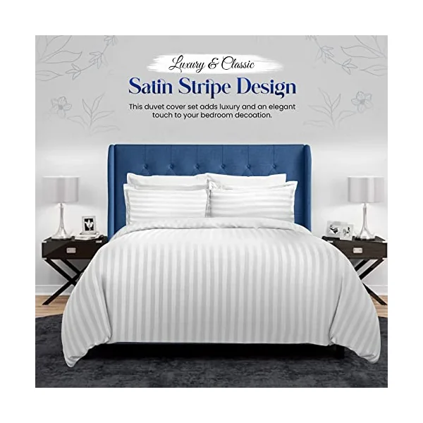 Sunshine Comforts Single Duvet Cover Set - 3PC Hypoallergenic Satin Stripes Microfiber Quilt Cover Bedding Single Bed Set with Pillow Cases-Breathable & Anti Wrinkle Single Duvet Cover (White)