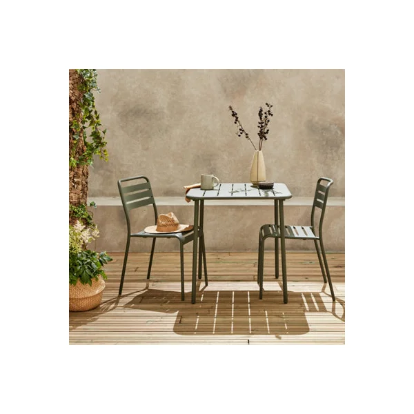 sweeek - 2-seater square steel garden table set with 2 chairs Khaki Green 70x70x72.5 cm - Amelia