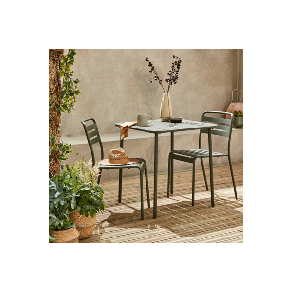 sweeek - 2-seater square steel garden table set with 2 chairs Khaki Green 70x70x72.5 cm - Amelia