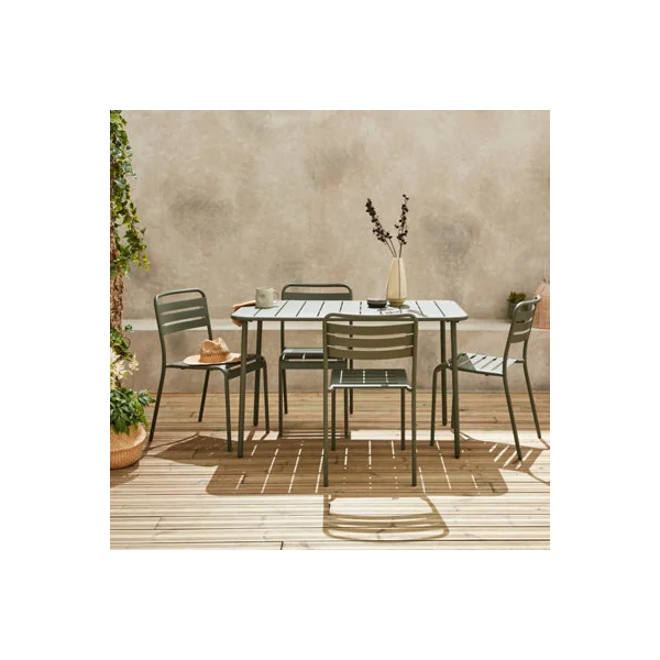 sweeek - 4-seater rectangular steel garden table set with 4 chairs Khaki Green 120x70x72.5 cm - Amelia