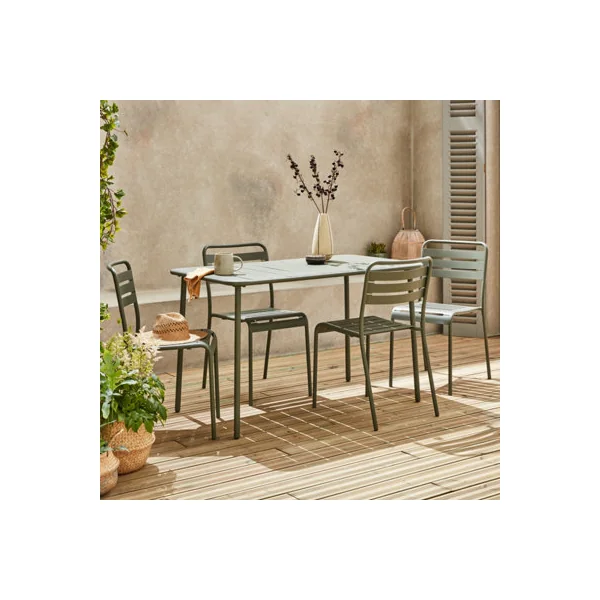 sweeek - 4-seater rectangular steel garden table set with 4 chairs Khaki Green 120x70x72.5 cm - Amelia