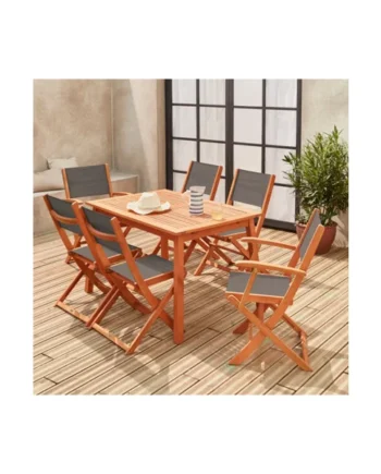 sweeek - 6-seater extendable wooden garden table set with chairs Natural 240x100x75 cm - Almeria 6