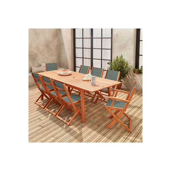 sweeek - 8-seater extendable wooden garden table set with 8 chairs Natural 240x100x75 cm - Almeria 8