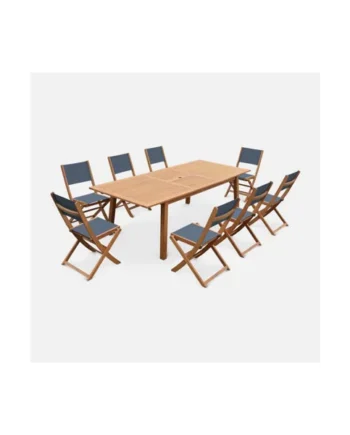 sweeek - 8-seater extendable wooden garden table set with chairs Natural 240x100x75 cm - Almeria