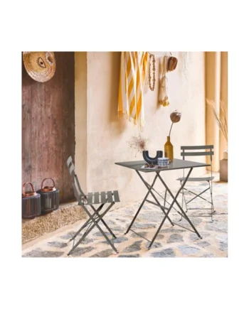 sweeek - Square 2-seater folding metal bistro garden table with 2 chairs Khaki Green 70x70x71 cm - Emilia