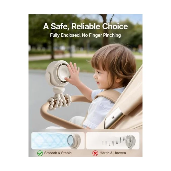SWEETFULL Portable Pram Fan, Pinch-Proof Baby Stroller Fan, 10H Battery, 5-Speed Quiet Mini Clip on Fan, USB-C Rechargeable with LED Display for Buggy, Car Seat, Crib, Travel Essentials, Beige