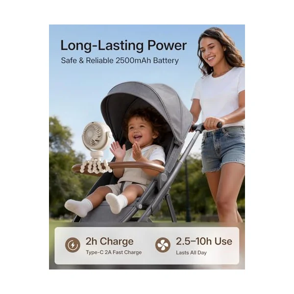 SWEETFULL Portable Pram Fan, Pinch-Proof Baby Stroller Fan, 10H Battery, 5-Speed Quiet Mini Clip on Fan, USB-C Rechargeable with LED Display for Buggy, Car Seat, Crib, Travel Essentials, Beige