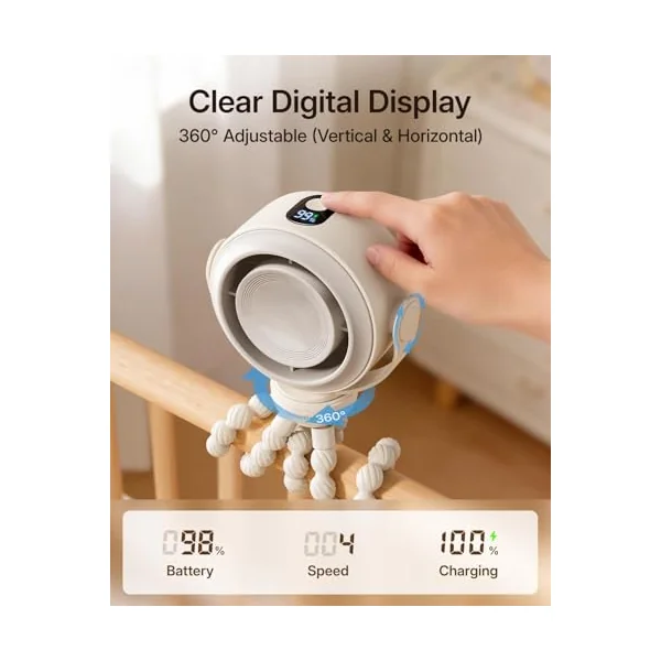 SWEETFULL Portable Pram Fan, Pinch-Proof Baby Stroller Fan, 10H Battery, 5-Speed Quiet Mini Clip on Fan, USB-C Rechargeable with LED Display for Buggy, Car Seat, Crib, Travel Essentials, Beige