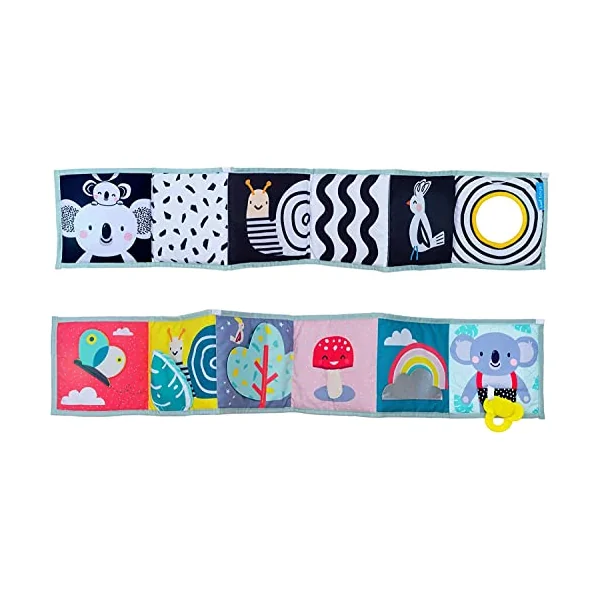 Taf Toys Koala Clip on Pram Book. Double-sided Tummy-time Sensory Soft Baby Book + Teether & Baby-safe Mirror. One Side Black & White. One Brightly Coloured. Suitable for Boys & Girls from Birth