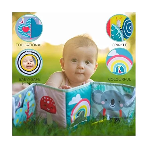 Taf Toys Koala Clip on Pram Book. Double-sided Tummy-time Sensory Soft Baby Book + Teether & Baby-safe Mirror. One Side Black & White. One Brightly Coloured. Suitable for Boys & Girls from Birth