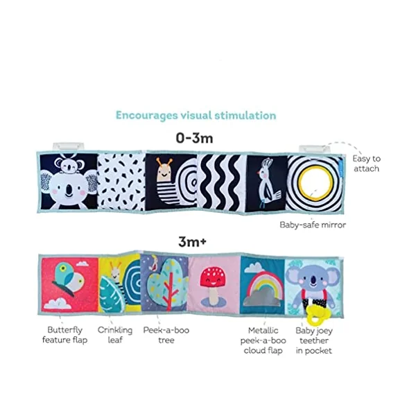 Taf Toys Koala Clip on Pram Book. Double-sided Tummy-time Sensory Soft Baby Book + Teether & Baby-safe Mirror. One Side Black & White. One Brightly Coloured. Suitable for Boys & Girls from Birth