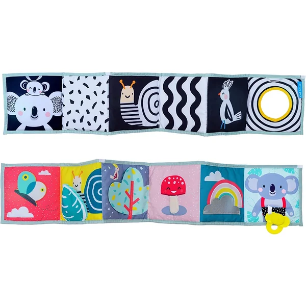 Taf Toys Koala Clip on Pram Book. Double-sided Tummy-time Sensory Soft Baby Book + Teether & Baby-safe Mirror. One Side Black & White. One Brightly Coloured. Suitable for Boys & Girls from Birth
