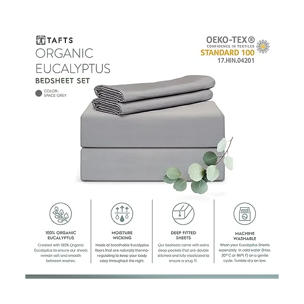 Tafts Eucalyptus Sheets Queen Size Bed Sheets - 100% Organic Eucalyptus, 400TC Eucalyptus Bed Sheets, 4 Piece Set, 17” Deep Pockets, Silk Feel, Cooling, Double Stitched (Space Grey)