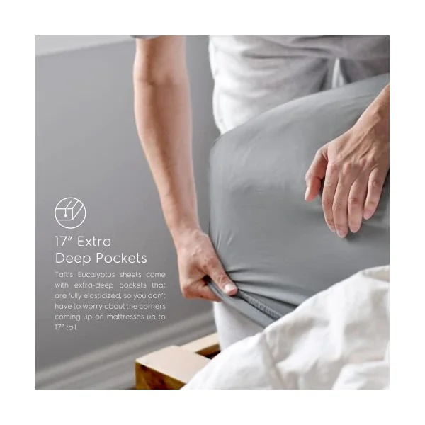 Tafts Eucalyptus Sheets Queen Size Bed Sheets - 100% Organic Eucalyptus, 400TC Eucalyptus Bed Sheets, 4 Piece Set, 17” Deep Pockets, Silk Feel, Cooling, Double Stitched (Space Grey)