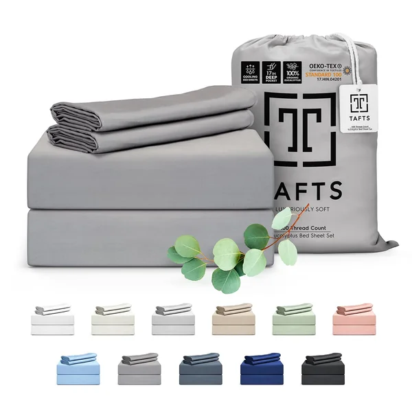 Tafts Eucalyptus Sheets Queen Size Bed Sheets - 100% Organic Eucalyptus, 400TC Eucalyptus Bed Sheets, 4 Piece Set, 17” Deep Pockets, Silk Feel, Cooling, Double Stitched (Space Grey)