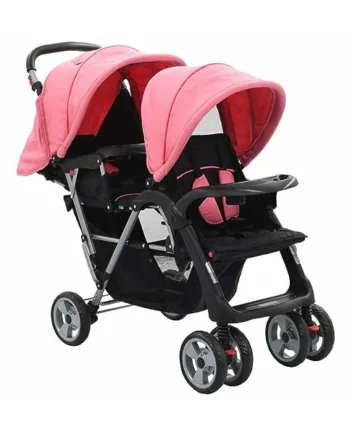 Tandem Stroller Pink and Black Steel,Pet Travel Stroller Dog Cat Pushchair Pram Jogger Buggy with 4 Wheels