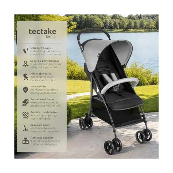 tectake® Foldable Pushchair with Canopy, 5-Point Harness & Practical Storage Basket, Baby Stroller with Adjustable Backrest & Footrest, Lightweight & Compact Pram for Babies & Toddlers, 0-36 Months