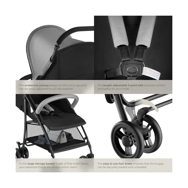 tectake® Foldable Pushchair with Canopy, 5-Point Harness & Practical Storage Basket, Baby Stroller with Adjustable Backrest & Footrest, Lightweight & Compact Pram for Babies & Toddlers, 0-36 Months