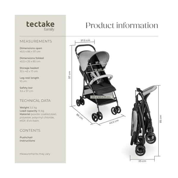 tectake® Foldable Pushchair with Canopy, 5-Point Harness & Practical Storage Basket, Baby Stroller with Adjustable Backrest & Footrest, Lightweight & Compact Pram for Babies & Toddlers, 0-36 Months