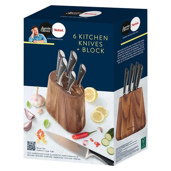 Tefal Jamie Oliver 6pc Knife Set with Acacia Wood Block