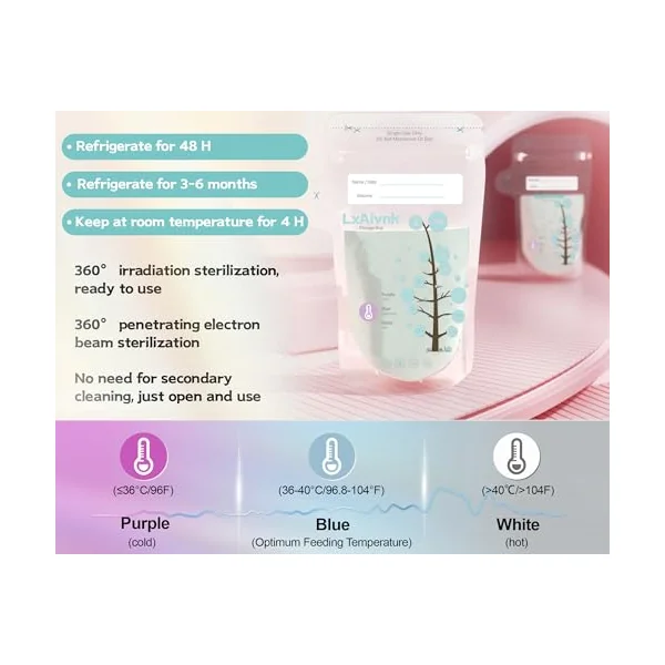 Temp-Sensing Breastmilk Storage Bag - 8oz(60 Count) | Suitable for refrigerators, leak free, high toughness, ultra-thin design, essential for breastfeeding
