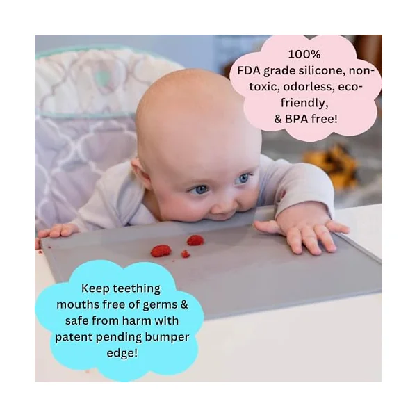 The Table Tyke 100% Silicone Placemat with Teething Edge Bumper/Spill Stopper | Dishwasher Safe, Travel Ready Non-Slip Suction Activity Mat for Infants, Babies, Toddlers, Children, Kids