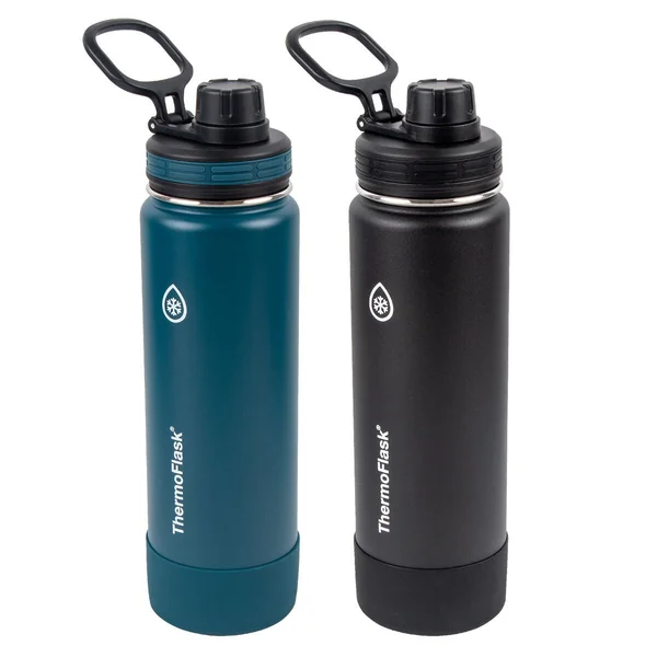 ThermoFlask Autospout Stainless Steel Double Wall Vacuum Insulated 710ml Bottles, 2 Pack in Teal and Black