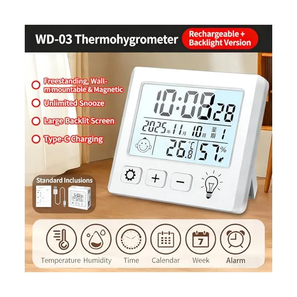 Thermometers Hygrometer with Time Date Display Desktop Temperature Humidness Measurement Gauge for Home Baby Room Meter