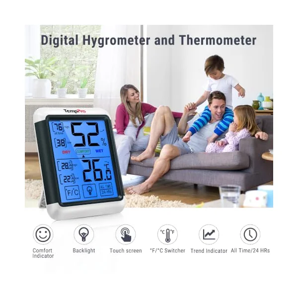 ThermoPro TP55 Digital Room Thermometer Temperature and Humidity Monitor with All Time or 24hrs Max and Min Records for Temperature and Humidity Baby Room Thermometer with Large Backlight Touchscreen