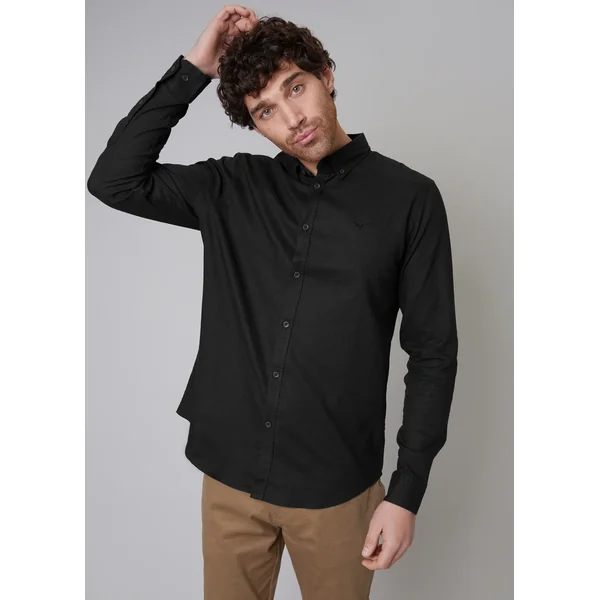 Threadbare Black Slim Fit Linen Blend Long Sleeve Shirt