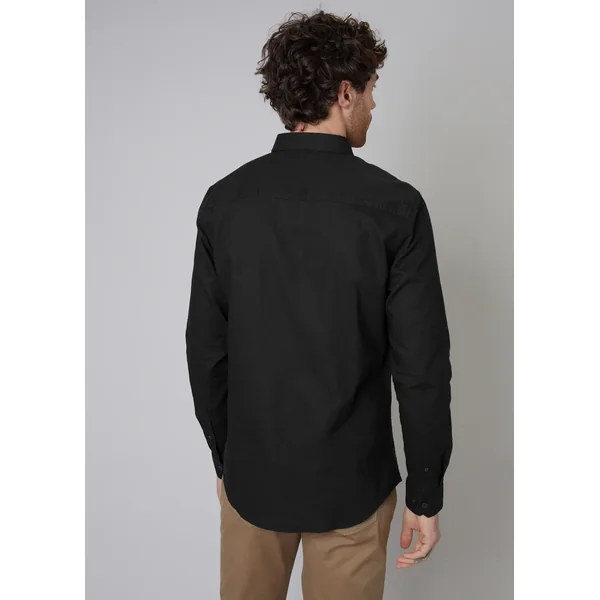 Threadbare Black Slim Fit Linen Blend Long Sleeve Shirt