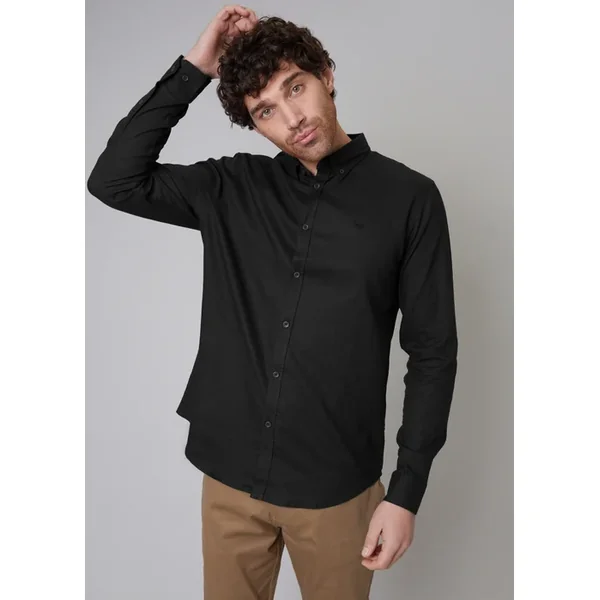 Threadbare Black Slim Fit Linen Blend Long Sleeve Shirt
