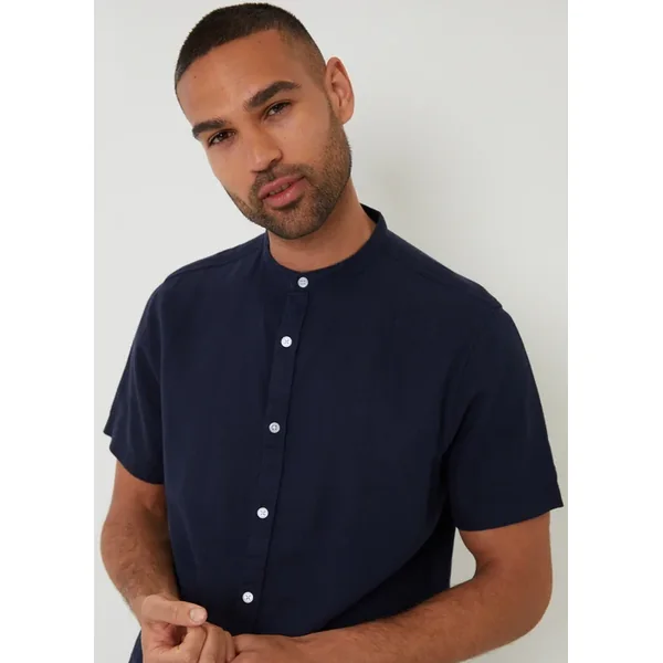 Threadbare Navy Grandad Collar Linen Blend Short Sleeve Shirt