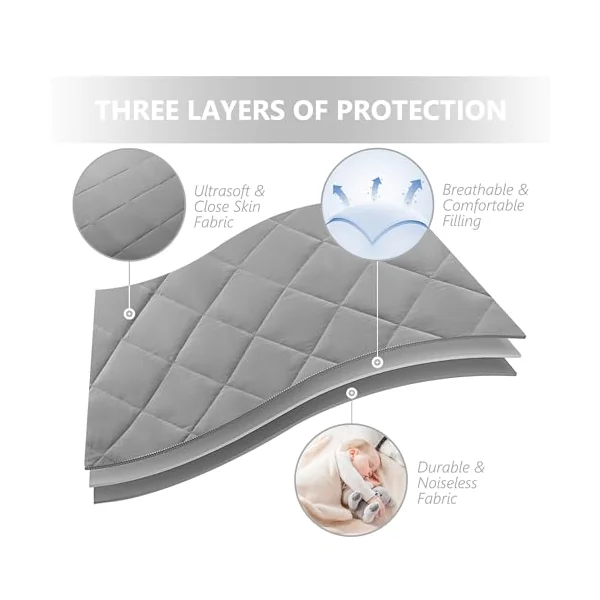 TILLYOU Pack and Play Sheet - Soft Quilted Crib Cover Pad, Toddlers Mattress Protector with 1''-3'' Deep Pocket, Thick Play Yard Playpen Sheets, Breathable Fluffy Crib Mattress Pad, 39"x27", Grey