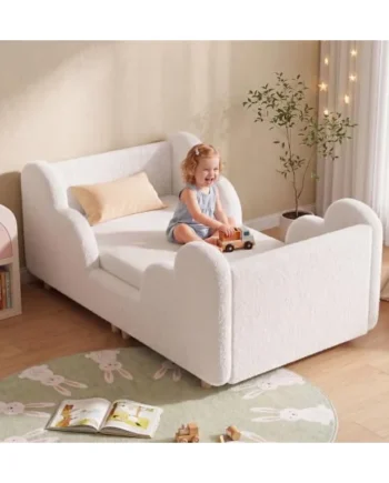 Toddler Bed, 140x70cm Soft Padded Kids Bed with Cloud-Shaped Safety Guardrails, Low Bed Frame for Girls Boys Children, Cot to Bed Transition (Mattress NOT Included)