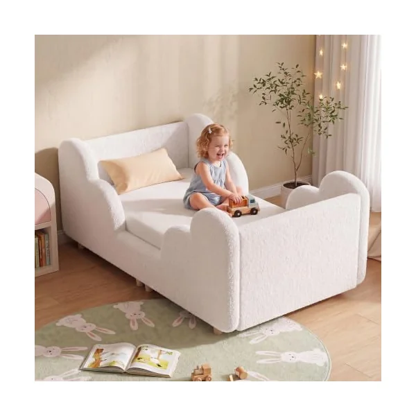 Toddler Bed, 140x70cm Soft Padded Kids Bed with Cloud-Shaped Safety Guardrails, Low Bed Frame for Girls Boys Children, Cot to Bed Transition (Mattress NOT Included)