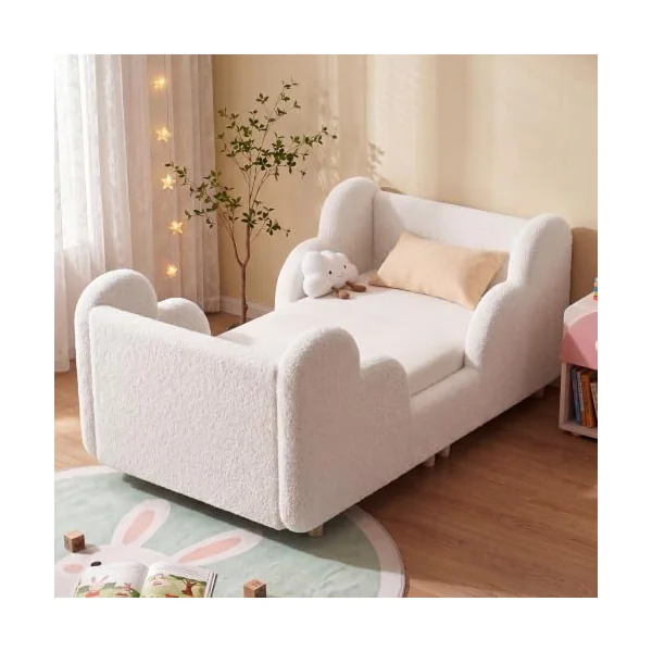 Toddler Bed, 140x70cm Soft Padded Kids Bed with Cloud-Shaped Safety Guardrails, Low Bed Frame for Girls Boys Children, Cot to Bed Transition (Mattress NOT Included)
