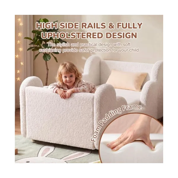 Toddler Bed, 140x70cm Soft Padded Kids Bed with Cloud-Shaped Safety Guardrails, Low Bed Frame for Girls Boys Children, Cot to Bed Transition (Mattress NOT Included)