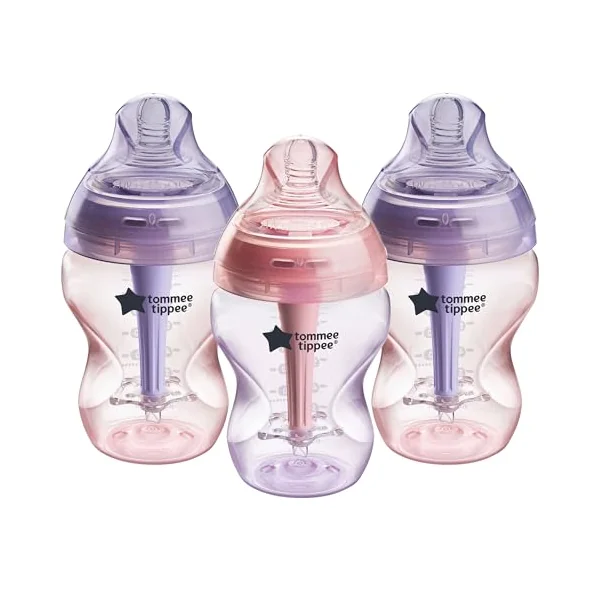 Tommee Tippee Baby Bottles, Natural Start Anti-Colic Baby Bottle with Slow Flow Breast-Like Teat, 260ml, 0m+, Self-Sterilising, Baby Feeding Essentials, Pink & Purple, Pack of 3