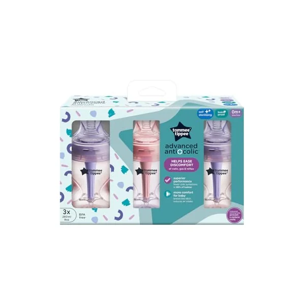 Tommee Tippee Baby Bottles, Natural Start Anti-Colic Baby Bottle with Slow Flow Breast-Like Teat, 260ml, 0m+, Self-Sterilising, Baby Feeding Essentials, Pink & Purple, Pack of 3