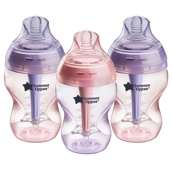 Tommee Tippee Baby Bottles, Natural Start Anti-Colic Baby Bottle with Slow Flow Breast-Like Teat, 260ml, 0m+, Self-Sterilising, Baby Feeding Essentials, Pink & Purple, Pack of 3