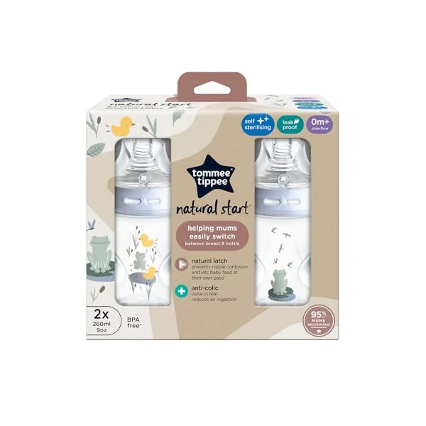 Tommee Tippee Closer to Nature Baby Bottle Anti-Colic 260ml | Pack of 2, Slow Flow Breast-Like Teat, Anti-Colic Valve, Assorted