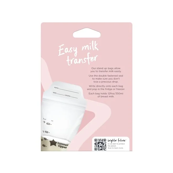Tommee Tippee Closer to Nature Breast Milk Storage Bags, Pre-Sterilised Stand-Up Pouches, Secure Double Seal, Single Use, 350ml Capacity, Pack of 72