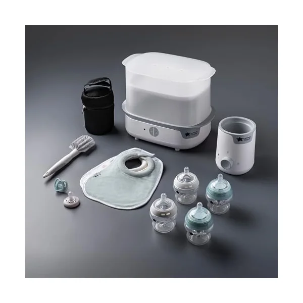 Tommee Tippee Complete Feeding Set Electric Steam Steriliser | Includes Easiwarm Bottle and Food Warmer, Newborn Self-Sterilising Bottles, Kills 99.9% of Bacteria