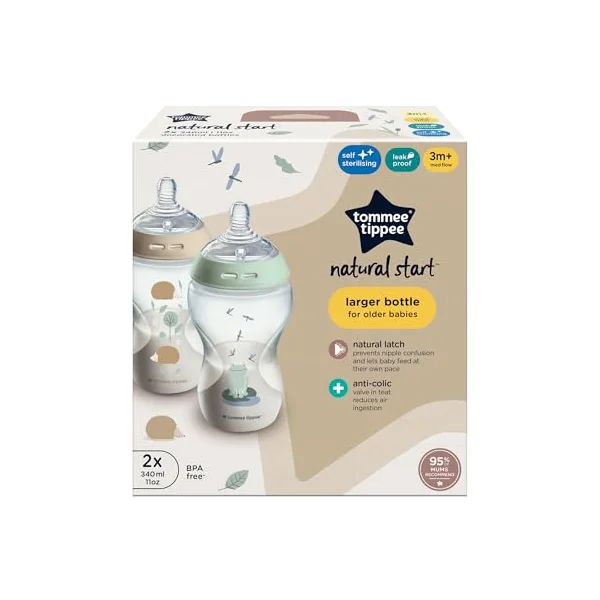 Tommee Tippee Natural Start Baby Bottle Anti-Colic 340ml | Pack of 2, Medium Flow Breast-Like Teat, Self-Sterilising, Natural Latch Design, Anti-Colic Valve, Pond