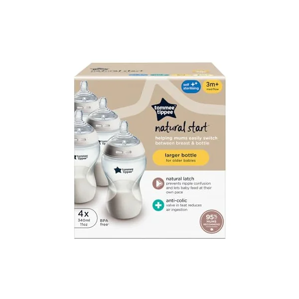 Tommee Tippee Natural Start Baby Bottle Breast-Like Teat 3m+ 340ml | Pack of 4, Medium Flow Breast-Like Teat, Self-Sterilising, Natural Latch Design, BPA Free