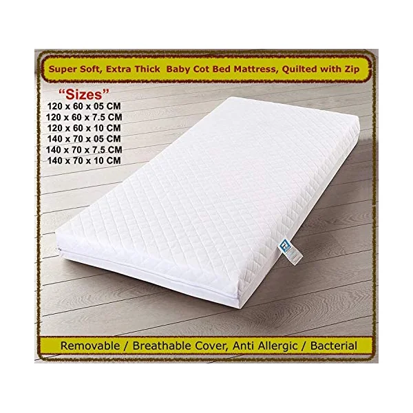 Travel Cot Bed Mattress - comes with Super Soft Breathable Water Resistant Quilted Cover, Removable Washable - 120 X 60 X 7 CM