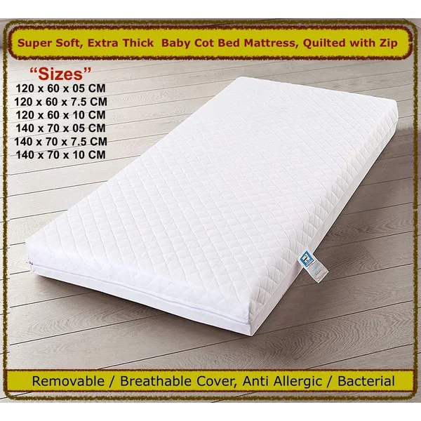 Travel Cot Bed Mattress - comes with Super Soft Breathable Water Resistant Quilted Cover, Removable Washable - 120 X 60 X 7 CM